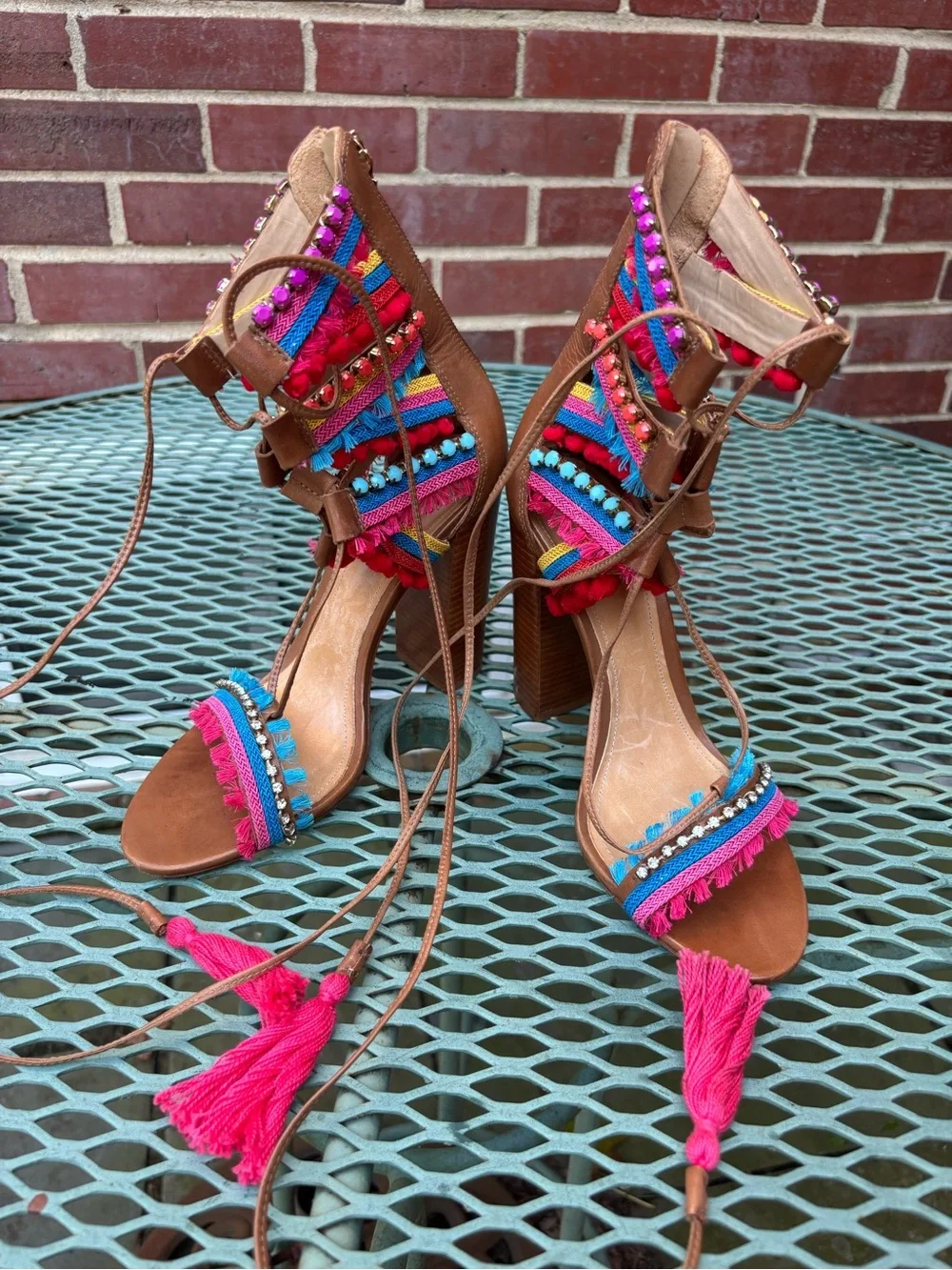 Schutz Calla Block Heeled Leather Sandals Lace-Up Multi-Color women 8.5
